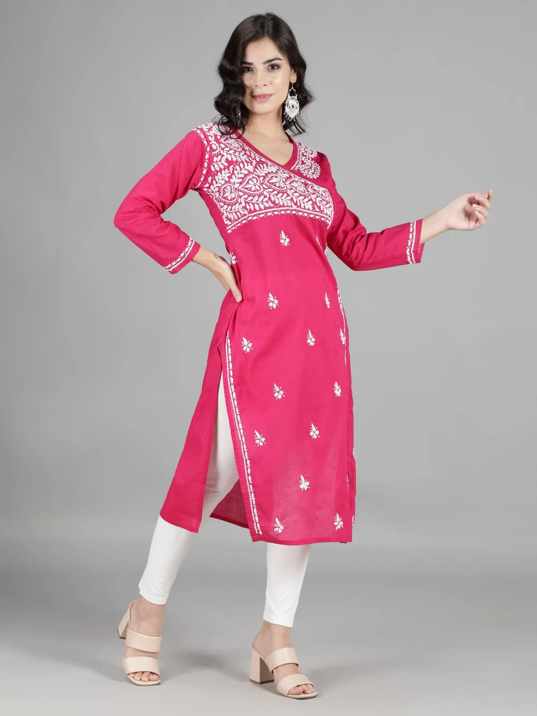 Hand Embroidered Magenta Chikankari Kurta